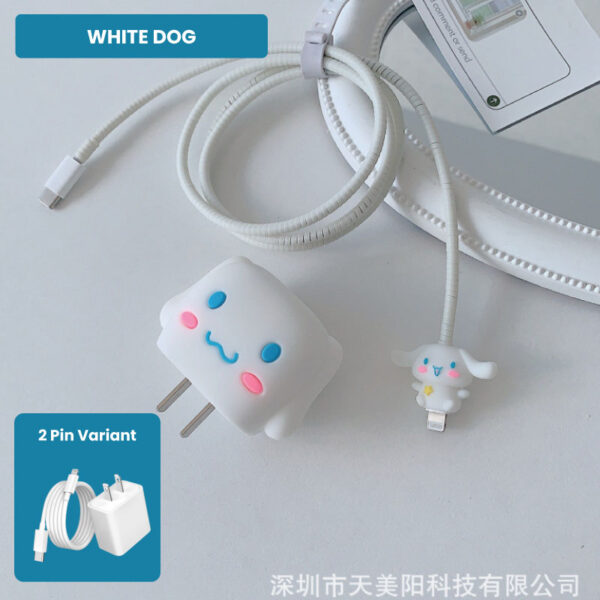 2 Pin Protector - 4 in 1 iphone charger and cable cover - White Dog