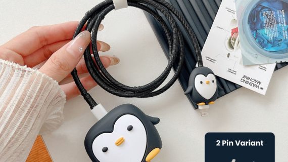 2 Pin Protector - 4 in 1 iphone charger and cable cover - Penguin (Black)
