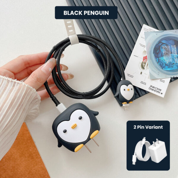 2 Pin Protector - 4 in 1 iphone charger and cable cover - Penguin (Black)