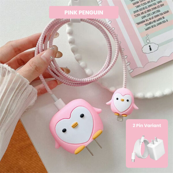 2 Pin Protector - 4 in 1 iphone charger and cable cover - Pink Penguin