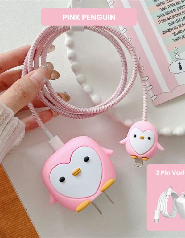 2 Pin Protector - 4 in 1 iphone charger and cable cover - Pink Penguin