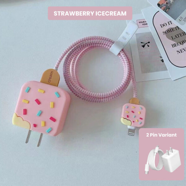 2 Pin Protector - 4 in 1 iphone charger and cable cover - Ice Cream Strawberry