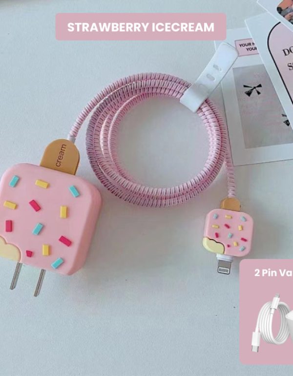 2 Pin Protector - 4 in 1 iphone charger and cable cover - Ice Cream Strawberry