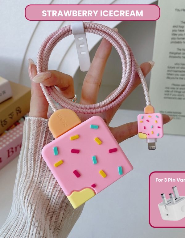 3 pin Protector - iphone 20 Watts charger and cable protector - STRAWBERRY ICECREAM