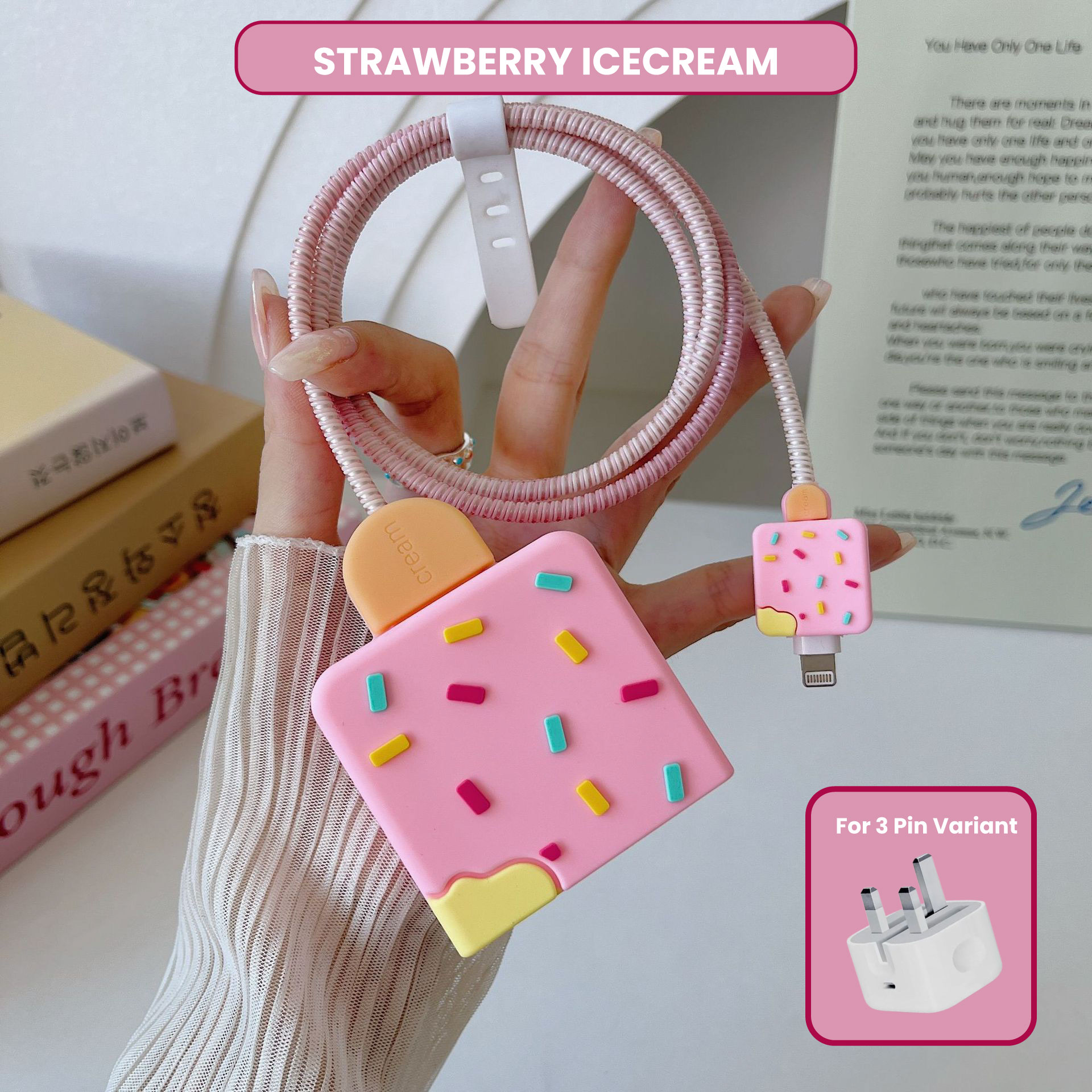strawberry-icecream 3 pin Protector - iphone 20 Watts charger and cable protector - STRAWBERRY ICECREAM - Image 1