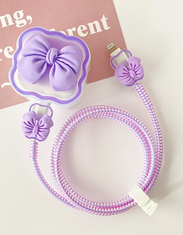 3 Pin Premium - iPhone Charger Cover 5 Piece Set - Lavender Bow