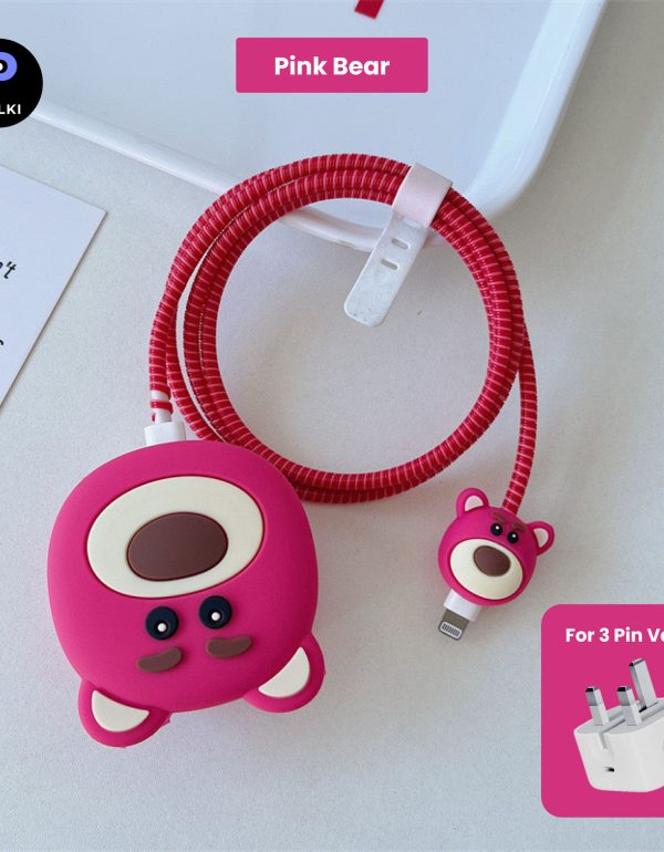 3 pin Protector - iphone 20 Watts charger and cable protector - Pink Bear
