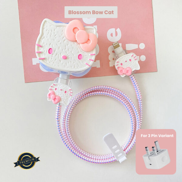 3 Pin Premium - iPhone 20W Charger Cover 5 Piece Set - Blossom Bow Cat