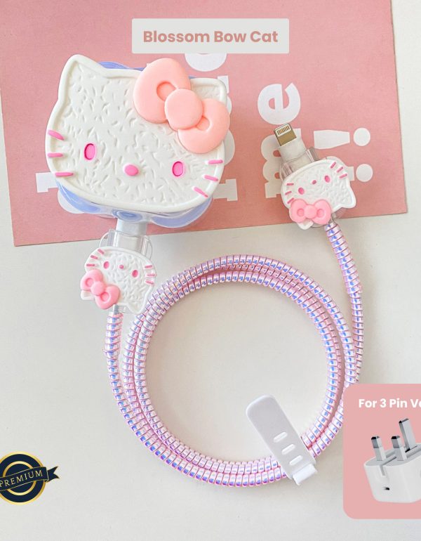 3 Pin Premium - iPhone Charger Cover 5 Piece Set - Blossom Bow Cat