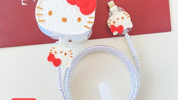 3 Pin Premium - iPhone Charger Cover 5 Piece Set - Cherry Bow Cat