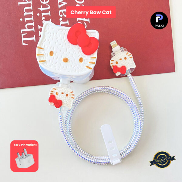 3 Pin Premium - iPhone 20W Charger Cover 5 Piece Set - Cherry Bow Cat