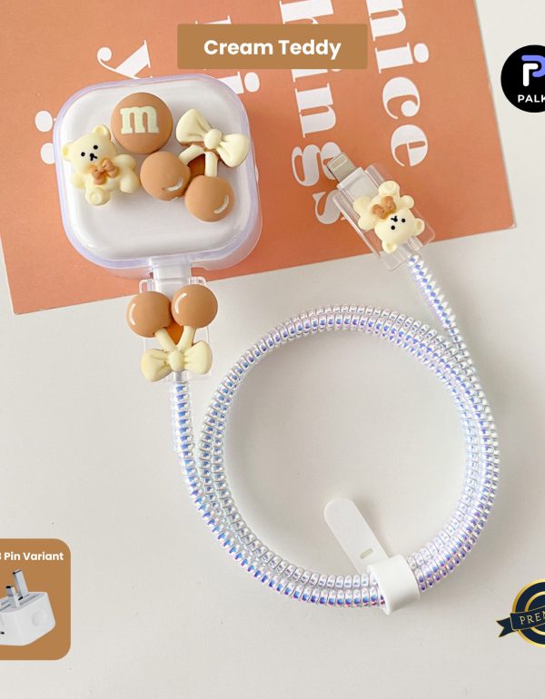 3 Pin Premium - iPhone Charger Cover 5 Piece Set - Cream Teddy