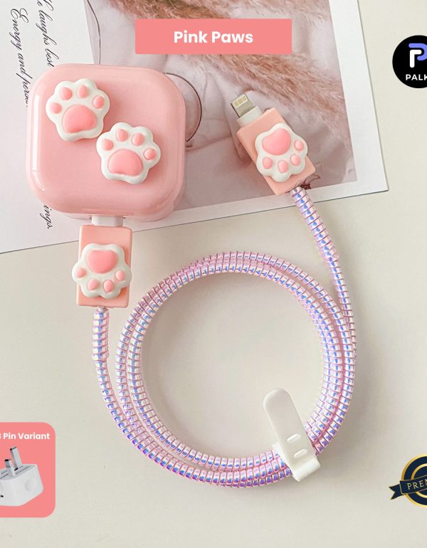3 Pin Premium - iPhone Charger Cover 5 Piece Set - Pink Paws