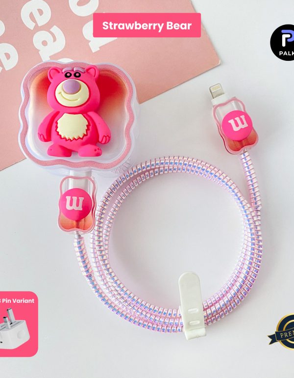 3 Pin Premium - iPhone Charger Cover 5 Piece Set - Strawberry Bear