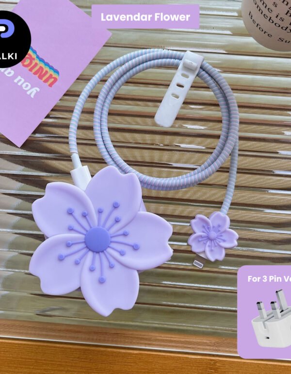 3 pin Protector - iphone 20 Watts charger and cable protector - Lavendar Flower