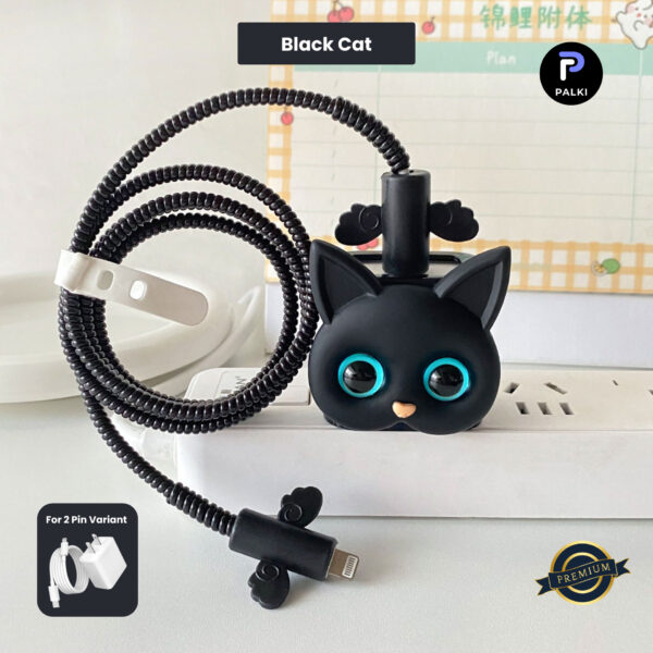 2 Pin Premium - iPhone Charger Cover 5 Piece Set - Black Cat