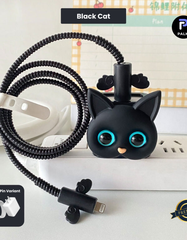 2 Pin Premium - iPhone Charger Cover 5 Piece Set - Black Cat