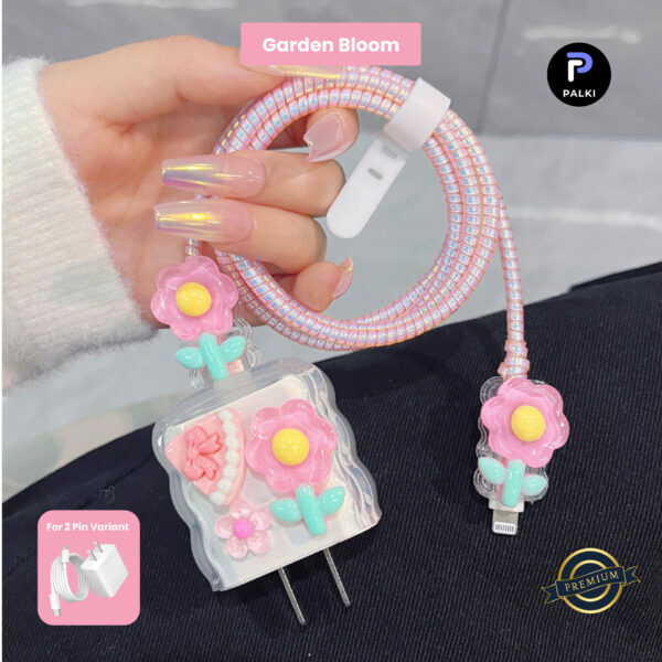 2 Pin Premium - iPhone Charger Cover 5 Piece Set - Garden Bloom