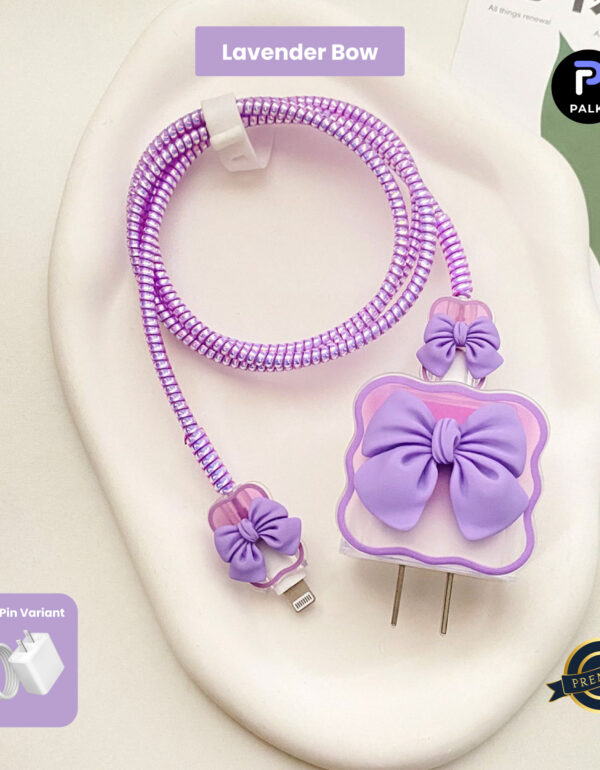 2 Pin Premium - iPhone Charger Cover 5 Piece Set - Lavender Bow