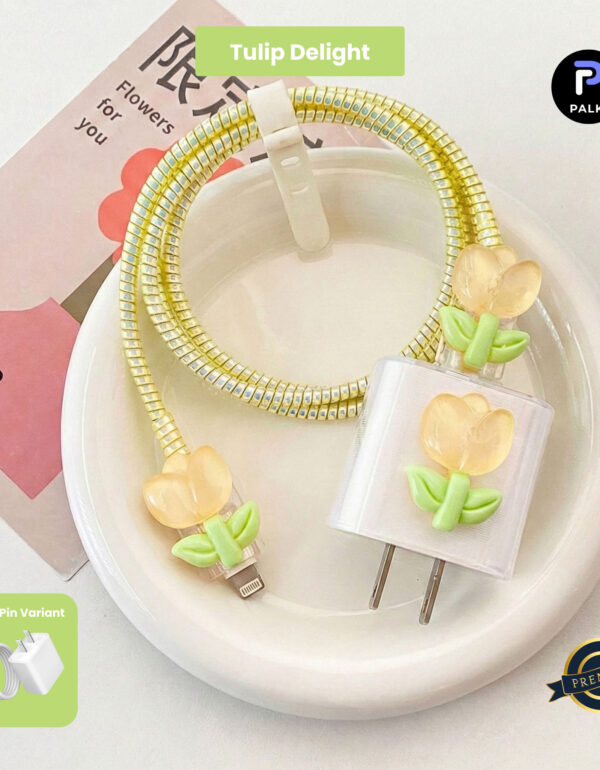 2 Pin Premium - iPhone Charger Cover 5 Piece Set - Tulip Delight