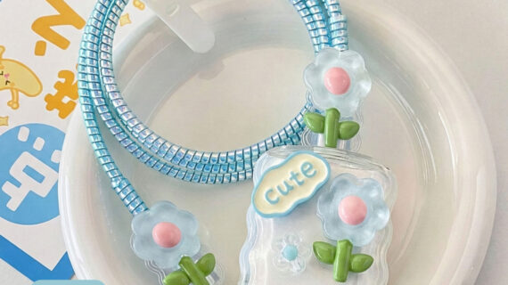 2 Pin Premium - iPhone Charger Cover 5 Piece Set - Blue Blossom