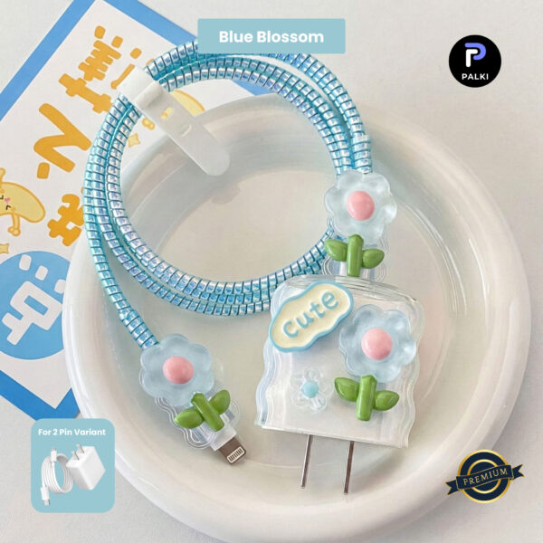 2 Pin Premium - iPhone Charger Cover 5 Piece Set - Blue Blossom