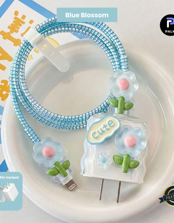 2 Pin Premium - iPhone Charger Cover 5 Piece Set - Blue Blossom