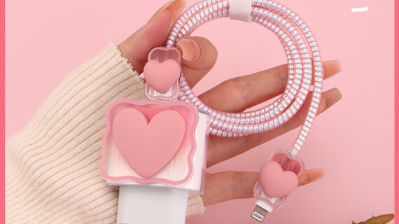 EU 2 pin 18/20W iphone charger protector set - Pastel Pink Heart