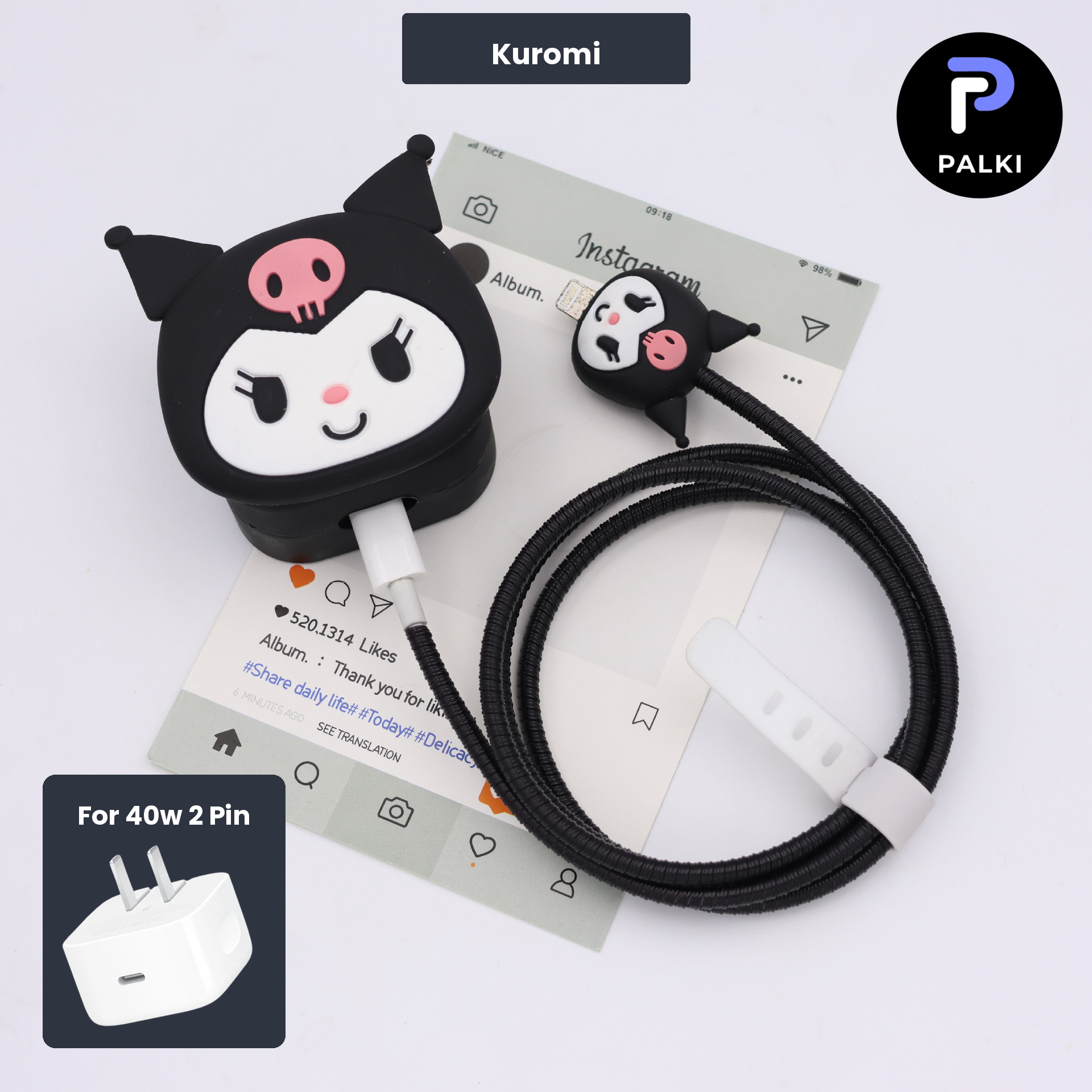 PG40W-15 40W 2 Pin Protector - 40W iPhone charger and cable protector set - Kuromi - Image 1