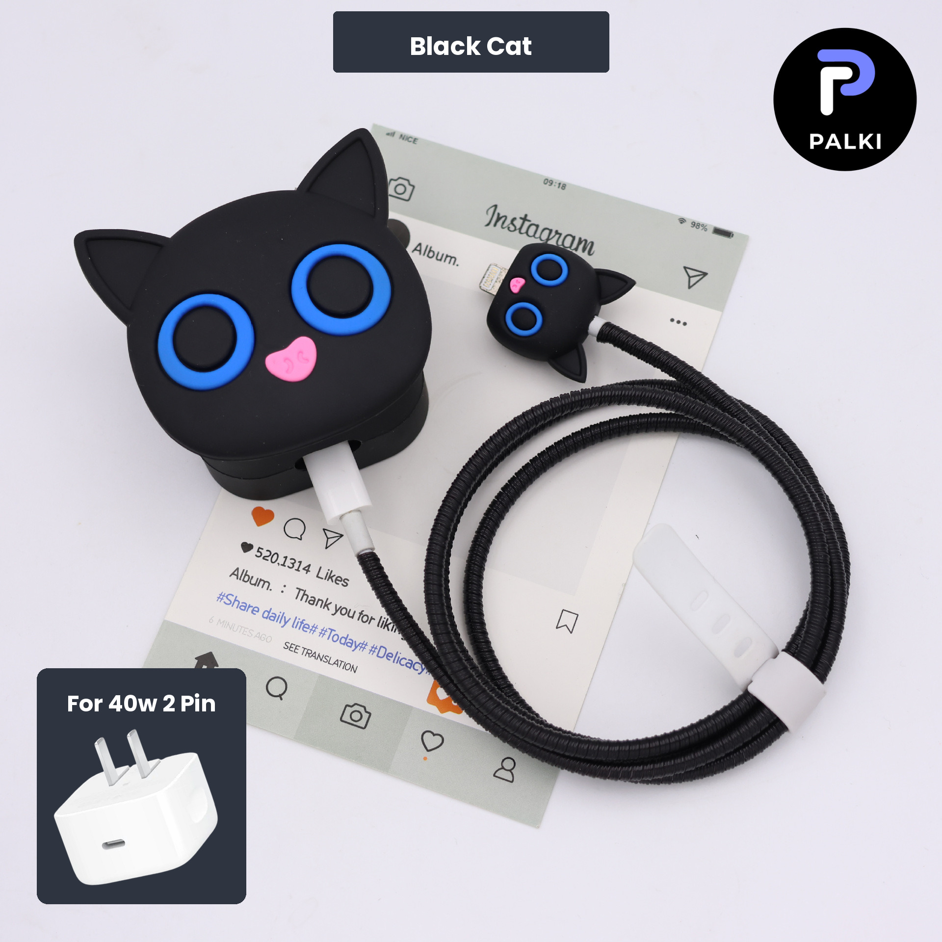 PG40W-16 40W 2 Pin Protector - 40W iPhone charger and cable protector set - Black Cat - Image 1
