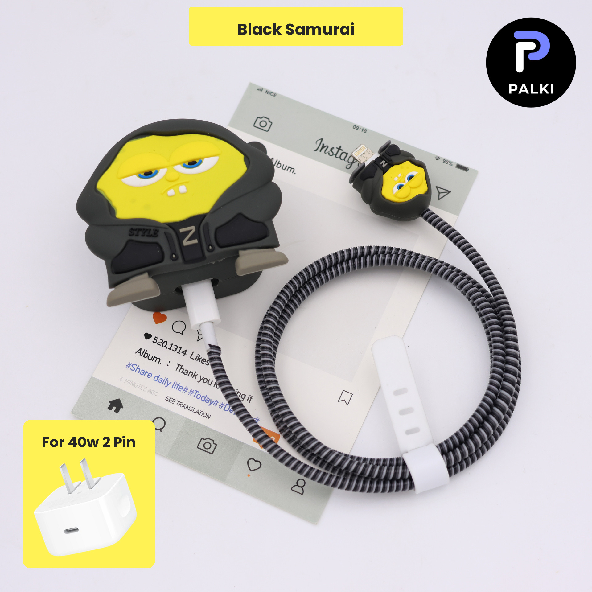 PG40W-25 40W 2 Pin Protector - 40W iPhone charger and cable protector set - Black Samurai - Image 1