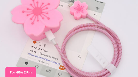 40W 2 Pin Protector - 40W iPhone charger and cable protector set - Pink Flower