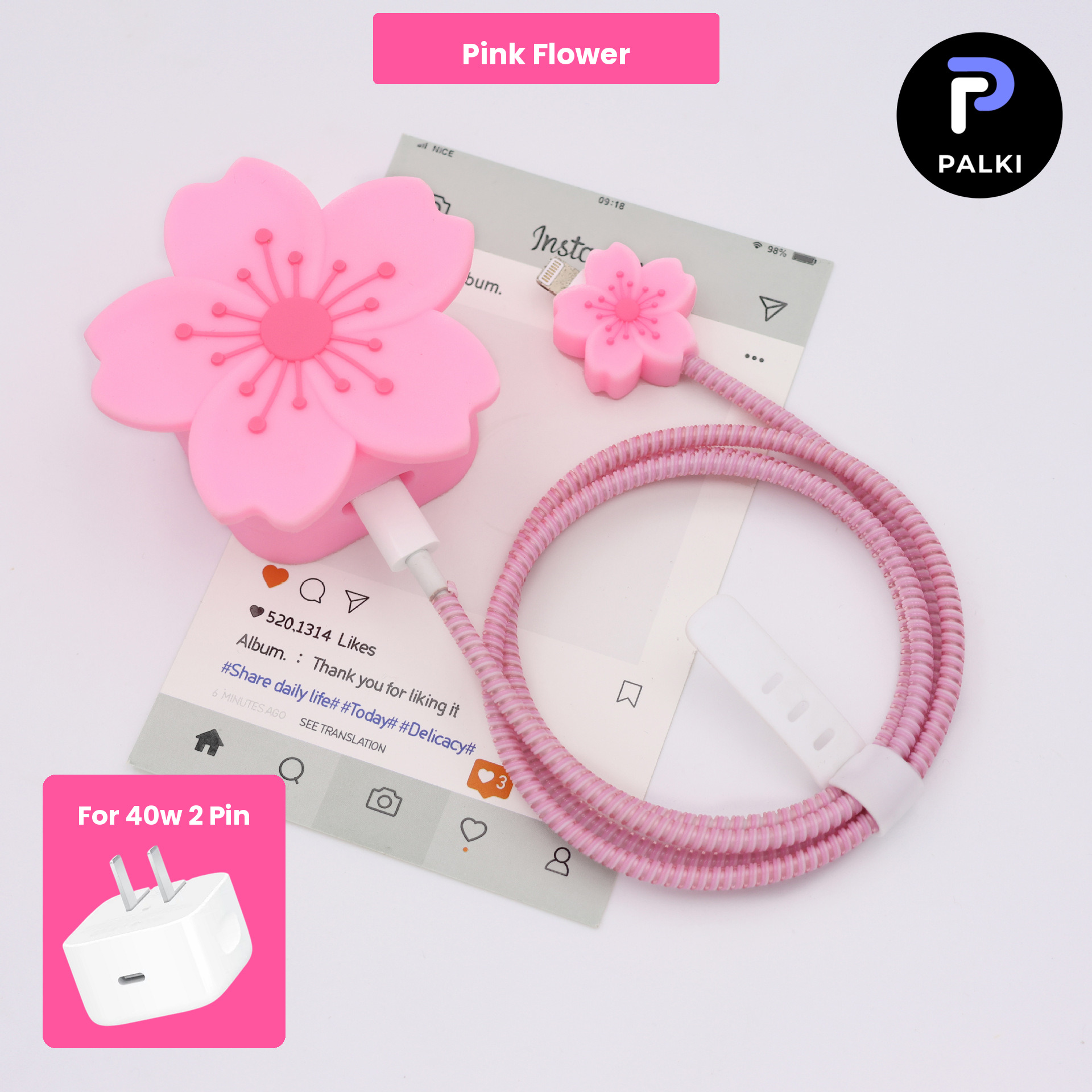 PG40W-31 40W 2 Pin Protector - 40W iPhone charger and cable protector set - Pink Flower - Image 1
