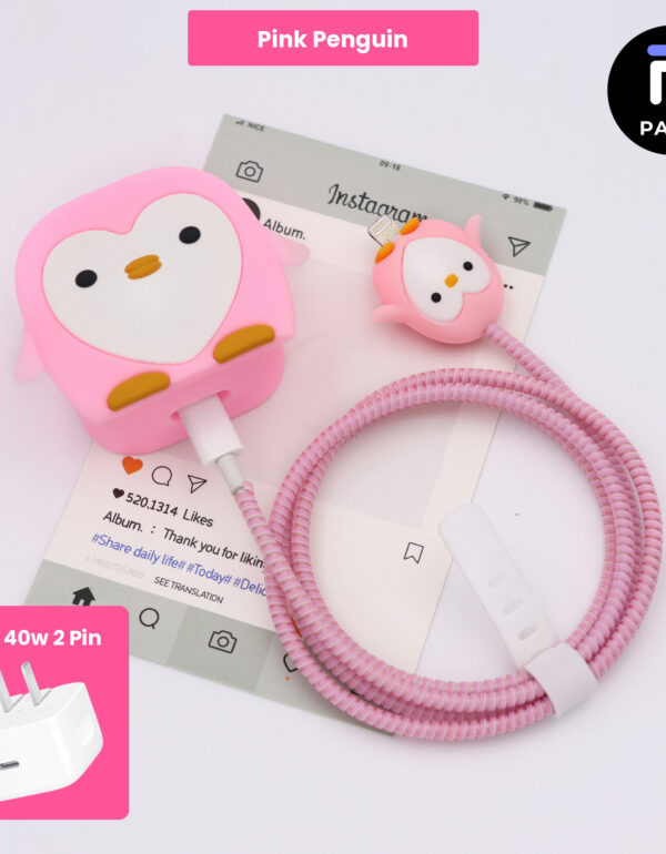 40W 2 Pin Protector - 40W iPhone charger and cable protector set - Pink Penguin