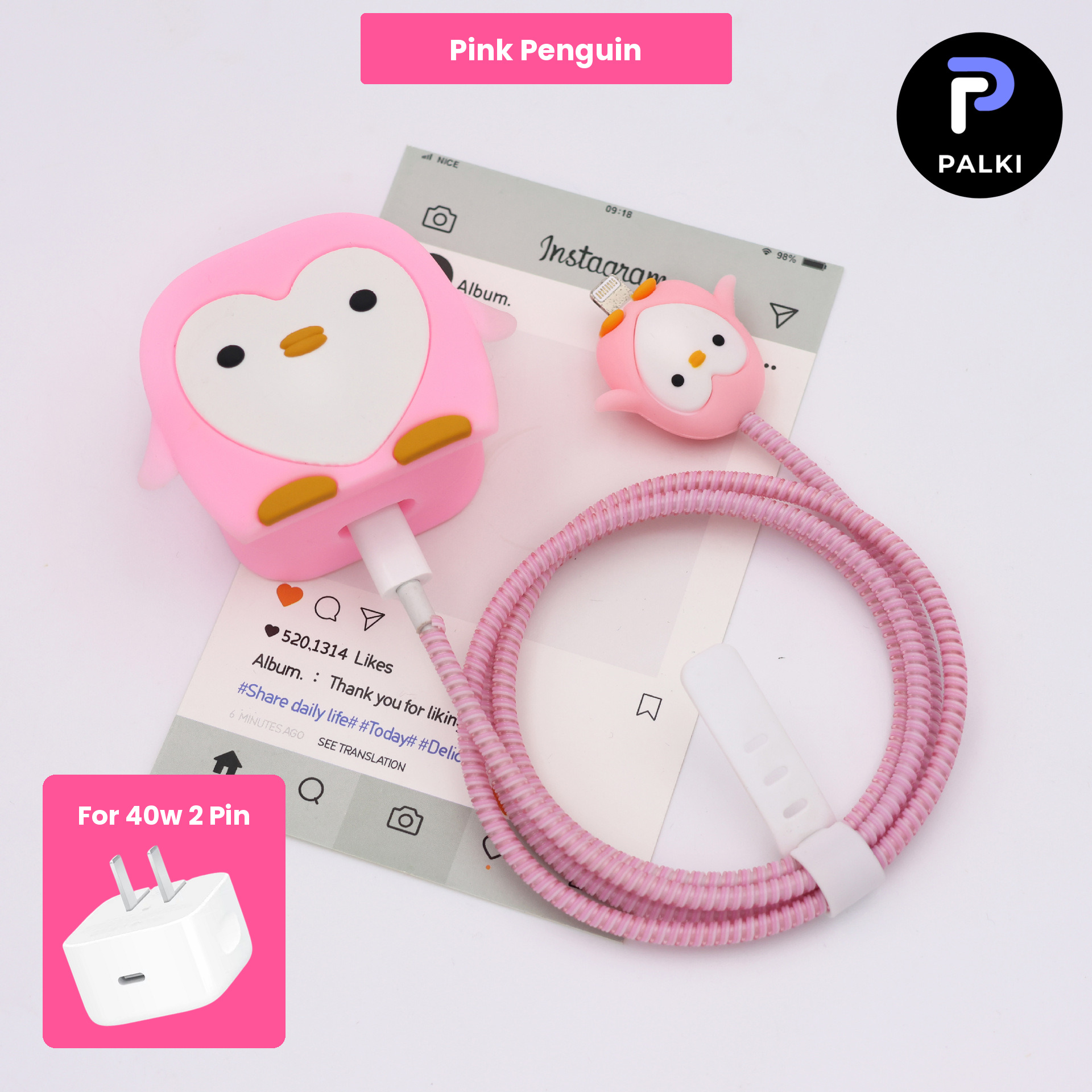 PG40W-35 40W 2 Pin Protector - 40W iPhone charger and cable protector set - Pink Penguin - Image 1