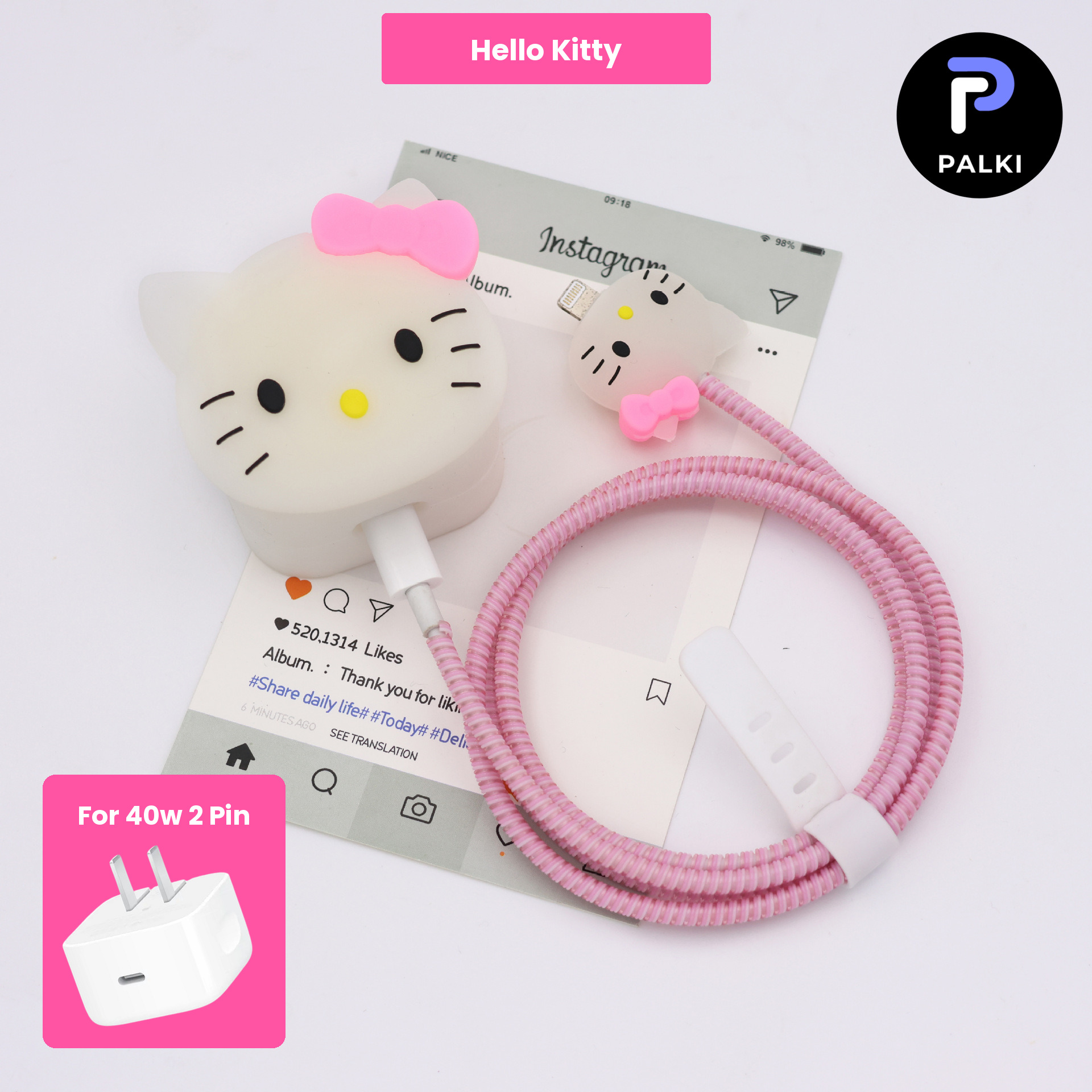 PG40W-36 40W 2 Pin Protector - 40W iPhone charger and cable protector set - Hello Kitty - Image 1