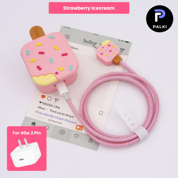 40W 2 Pin Protector - 40W iPhone charger and cable protector set - Strawberry Icecream