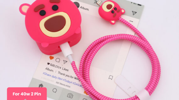 40W 2 Pin Protector - 40W iPhone charger and cable protector set - Pink Bear