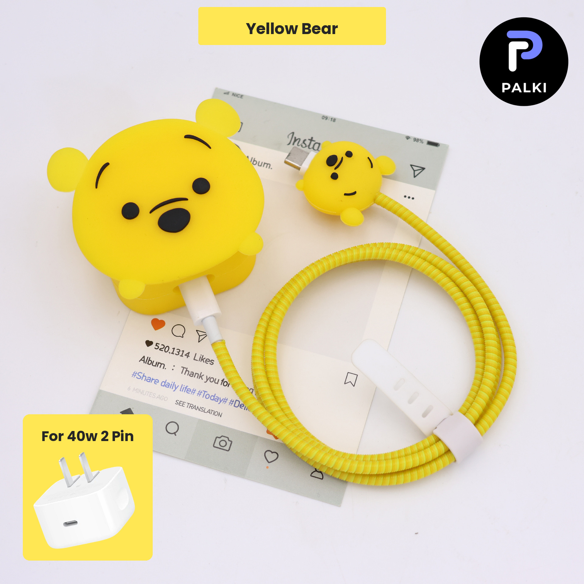 PG40W-53 40W 2 Pin Protector - 40W iPhone charger and cable protector set - Yellow Bear - Image 1