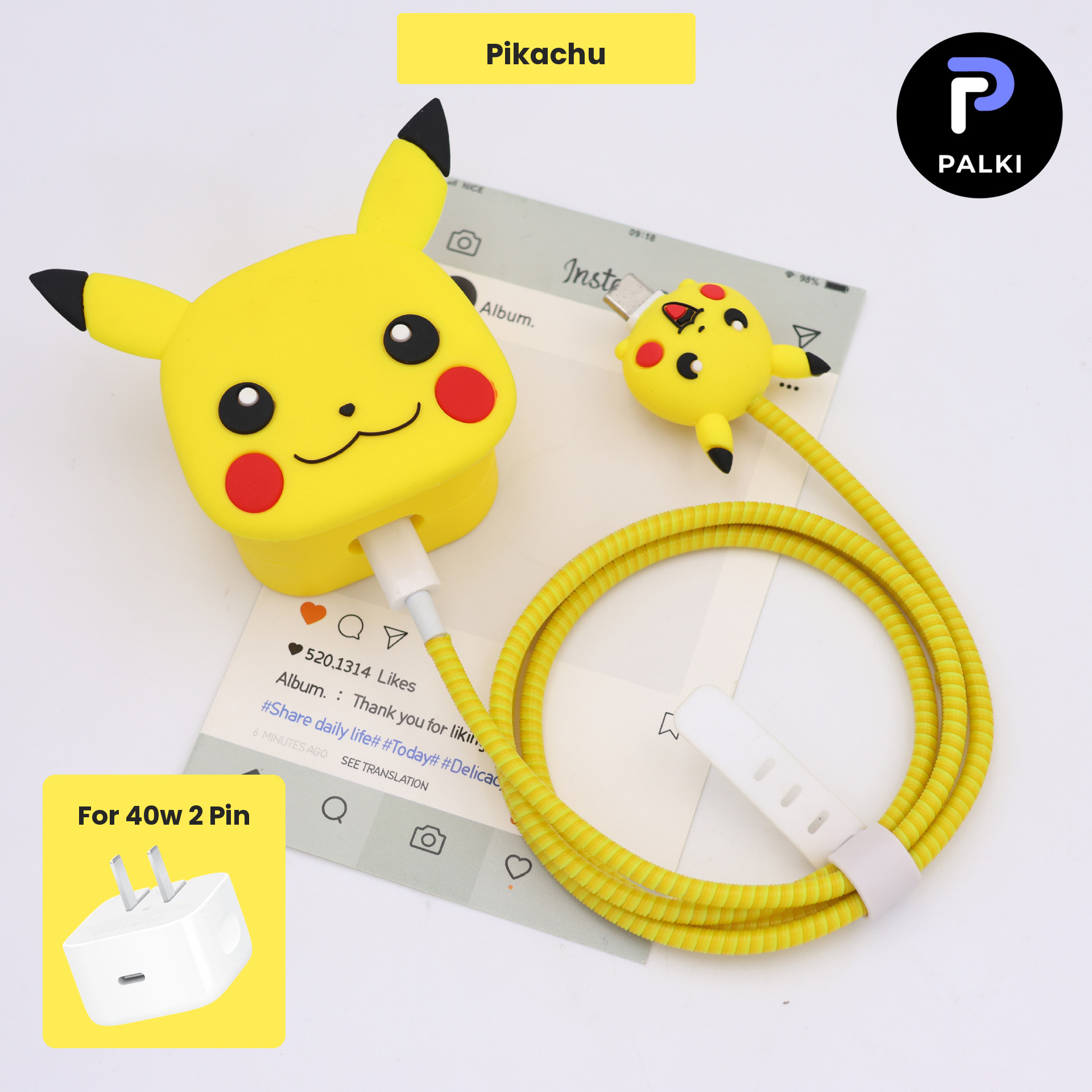 PG40W-54 40W 2 Pin Protector - 40W iPhone charger and cable protector set - Pikachu - Image 1