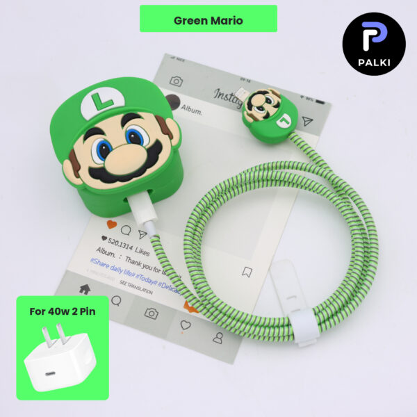 40W 2 Pin Protector - 40W iPhone charger and cable protector set - Green Mario