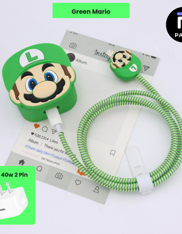 40W 2 Pin Protector - 40W iPhone charger and cable protector set - Green Mario