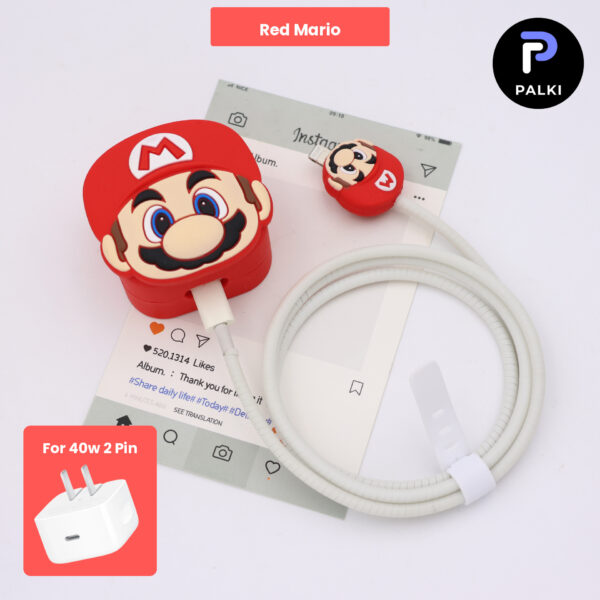 40W 2 Pin Protector - 40W iPhone charger and cable protector set - Red Mario