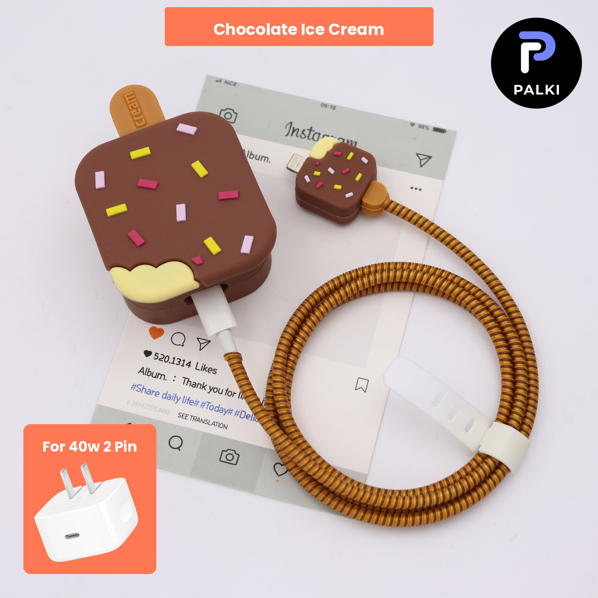 PG40W-85 40W 2 Pin Protector - 40W iPhone charger and cable protector set - Chocolate Ice Cream - Image 1