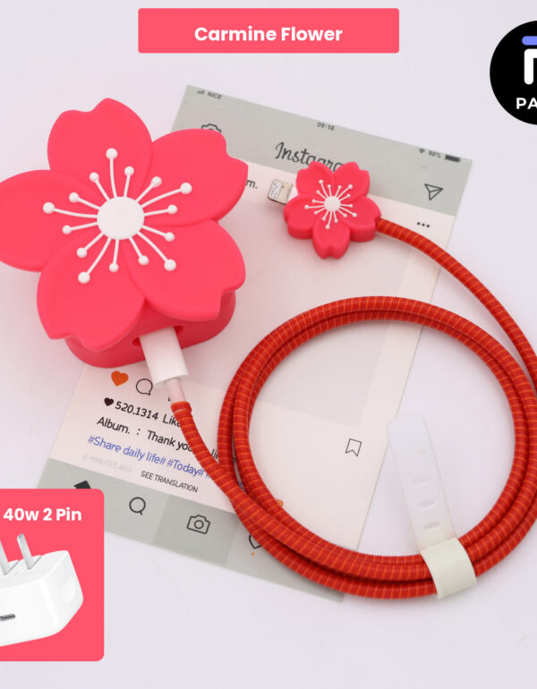 40W 2 Pin Protector - 40W iPhone charger and cable protector set - Carmine Flower