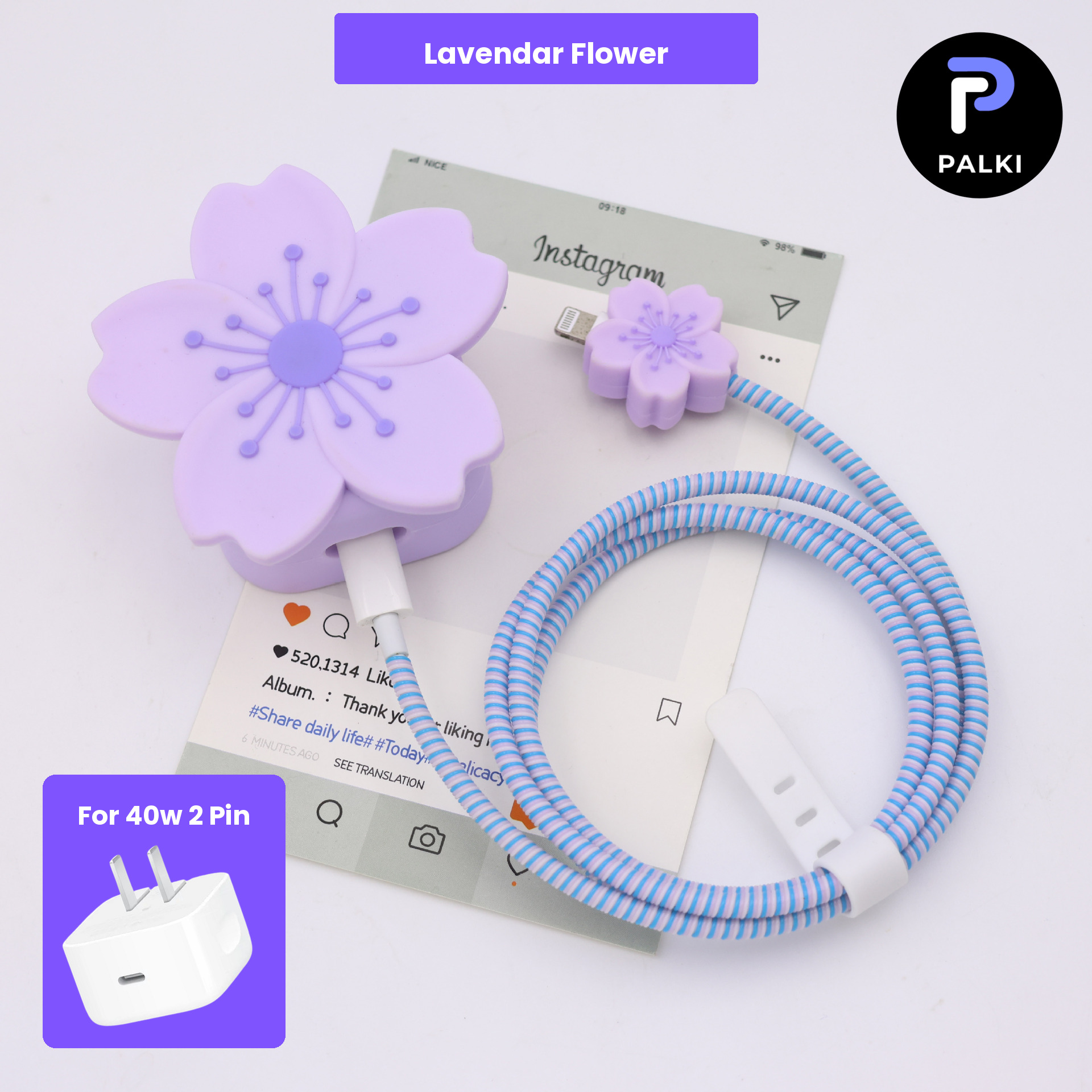 PG40W-91 40W 2 Pin Protector - 40W iPhone charger and cable protector set - Lavendar Flower - Image 1