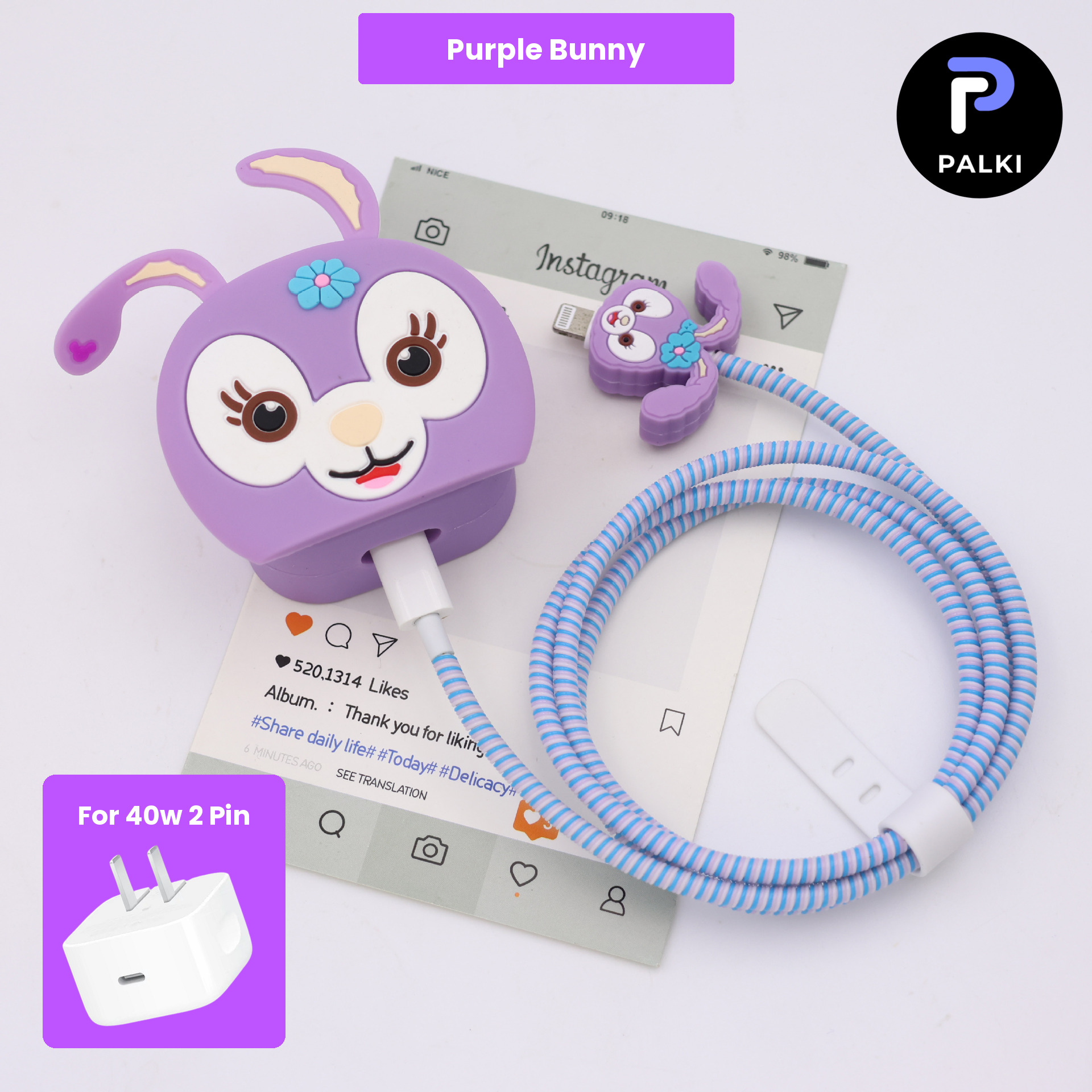 PG40W-92 40W 2 Pin Protector - 40W iPhone charger and cable protector set - Purple Bunny - Image 1