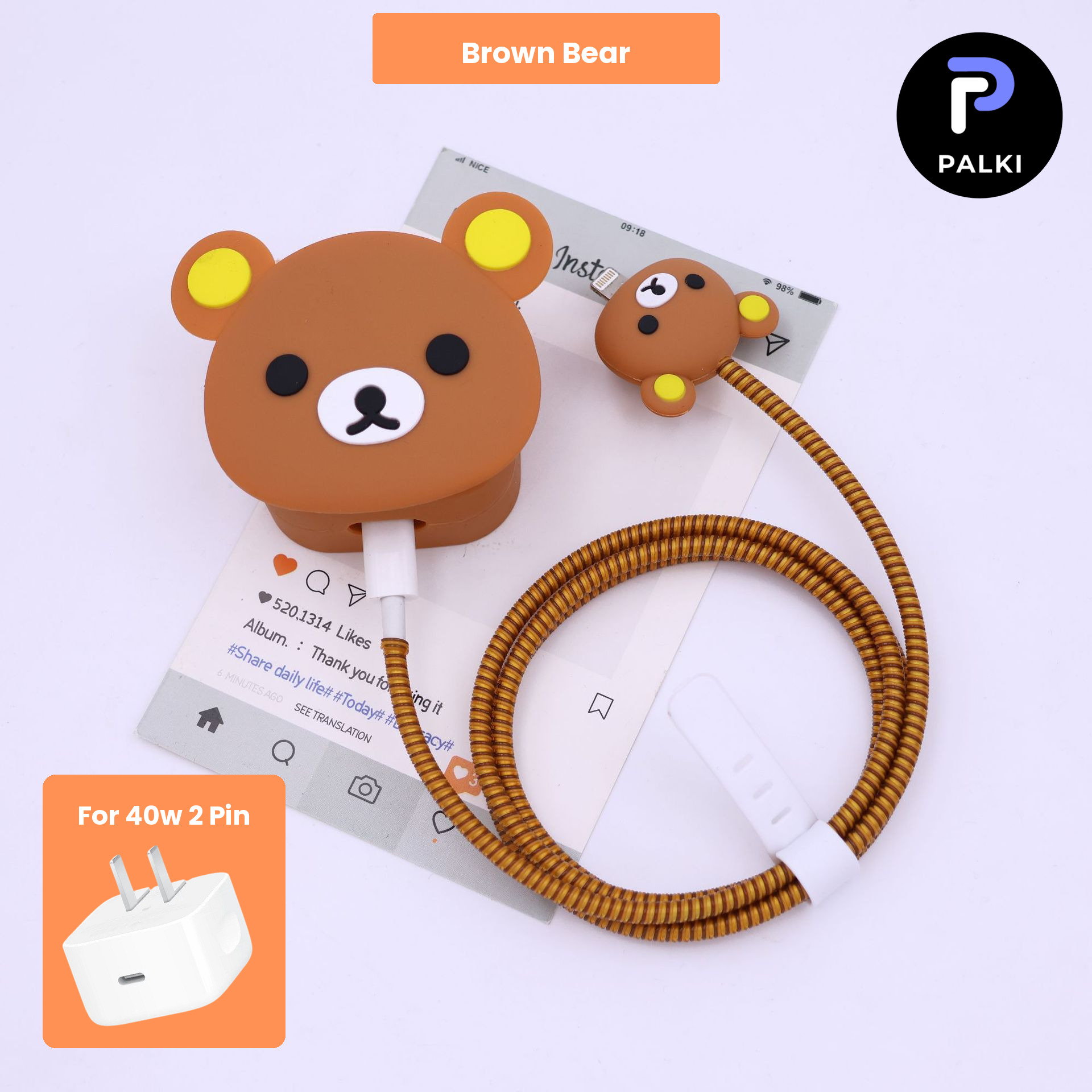 PG40W-97 40W 2 Pin Protector - 40W iPhone charger and cable protector set - Brown Bear - Image 1